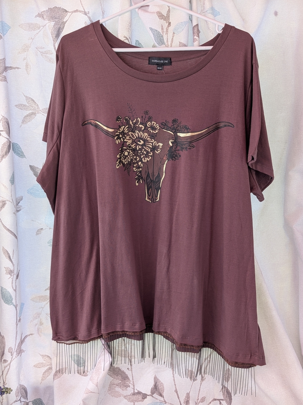 Warehouse One Brown Floral Longhorn Fringe Short Sleeve Tee